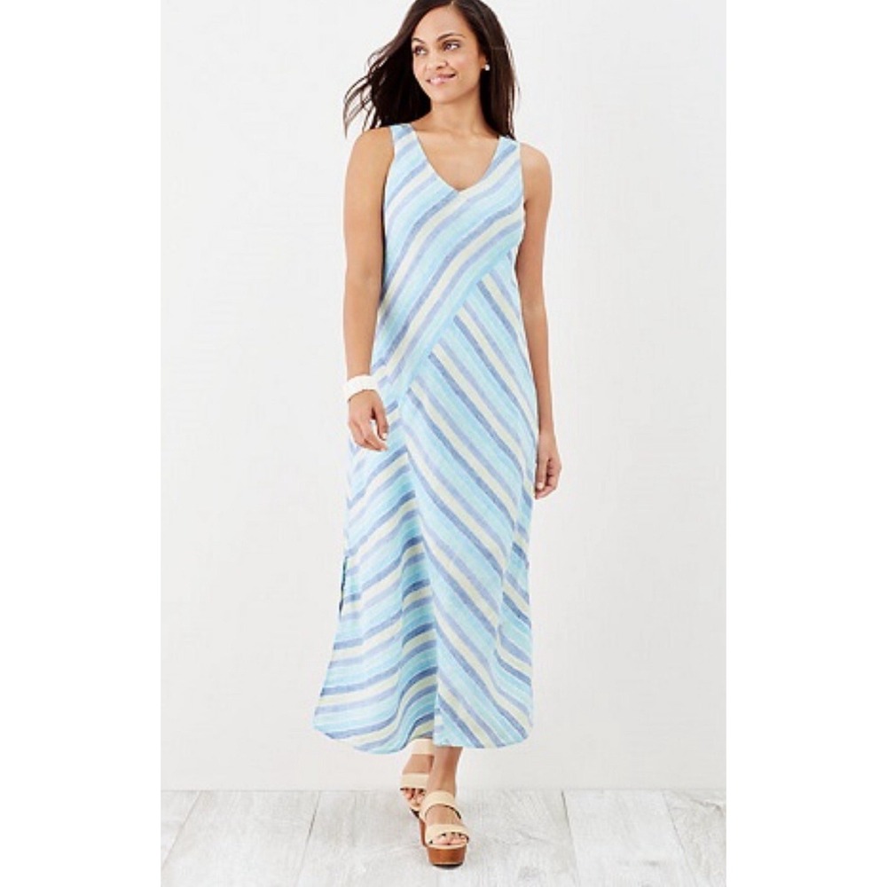 J. Jill Maxi Dress Womens Medium Petite Striped 100% Linen V-Neck Lined Coastal